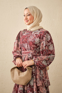 Etnik Desen Bel Bağlamalı Elbise Bordo