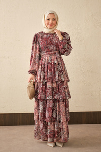 Etnik Desen Bel Bağlamalı Elbise Bordo