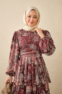Etnik Desen Bel Bağlamalı Elbise Bordo