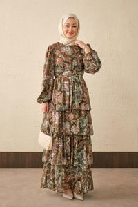 Etnik Desen Bel Bağlamalı Elbise Haki Yeşil