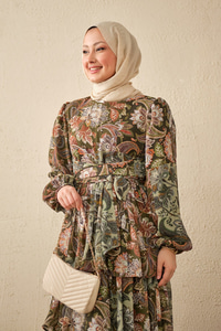 Etnik Desen Bel Bağlamalı Elbise Haki Yeşil