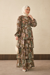 Etnik Desen Bel Bağlamalı Elbise Haki Yeşil