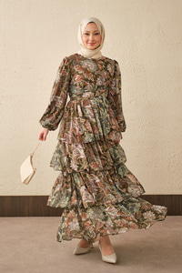 Etnik Desen Bel Bağlamalı Elbise Haki Yeşil