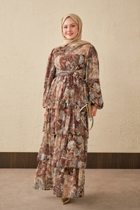 Etnik Desen Bel Bağlamalı Elbise Kahverengi