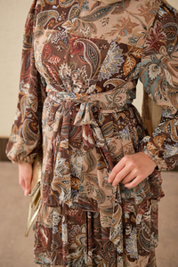 Etnik Desen Bel Bağlamalı Elbise Kahverengi