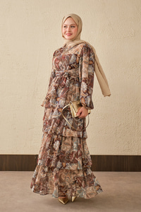 Etnik Desen Bel Bağlamalı Elbise Kahverengi