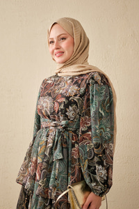 Etnik Desen Bel Bağlamalı Elbise Koyu Yeşil