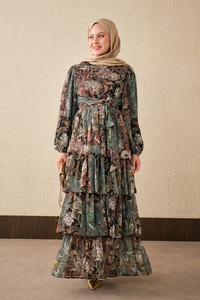 Etnik Desen Bel Bağlamalı Elbise Koyu Yeşil