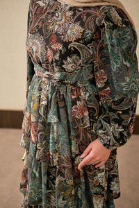 Etnik Desen Bel Bağlamalı Elbise Koyu Yeşil