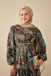 Etnik Desen Bel Bağlamalı Elbise Koyu Yeşil