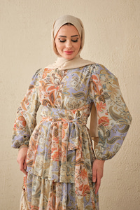 Etnik Desen Bel Bağlamalı Elbise Lila