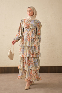 Etnik Desen Bel Bağlamalı Elbise Lila