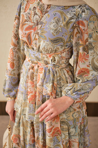 Etnik Desen Bel Bağlamalı Elbise Lila