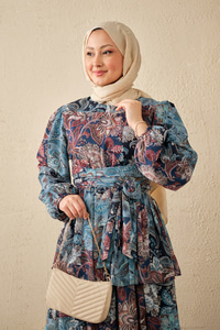 Etnik Desen Bel Bağlamalı Elbise Mavi