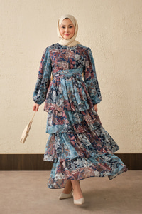 Etnik Desen Bel Bağlamalı Elbise Mavi