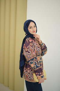 Etnik Desen Biyeli Ceket Mürdüm