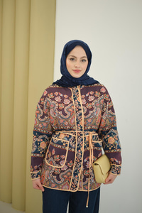 Etnik Desen Biyeli Ceket Mürdüm