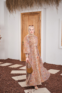 Etnik Desen Büzgülü Kemer Detay Şifon Elbise Yeşil