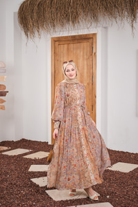 Etnik Desen Büzgülü Kemer Detay Şifon Elbise Yeşil