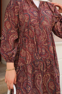 Etnik Desen Elbise Bordo