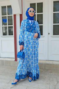 Etnik Desen Elbise Mavi