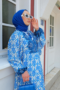 Etnik Desen Elbise Mavi