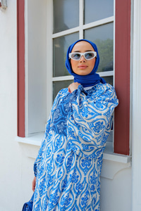 Etnik Desen Elbise Mavi