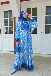 Etnik Desen Elbise Mavi