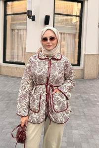 Etnik Desen Kapitone Ceket Bordo