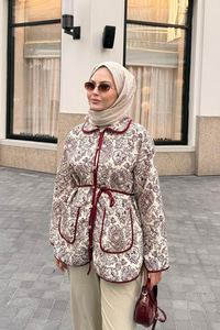 Etnik Desen Kapitone Ceket Bordo