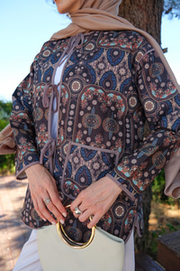 Etnik Desen Kapitone Ceket Vizon