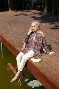 Etnik Desen Kapitone Ceket Vizon