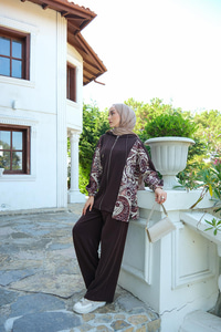 Etnik Desen Kapüşonlu İkili Takım Kahverengi