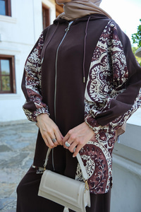 Etnik Desen Kapüşonlu İkili Takım Kahverengi