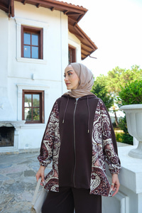 Etnik Desen Kapüşonlu İkili Takım Kahverengi