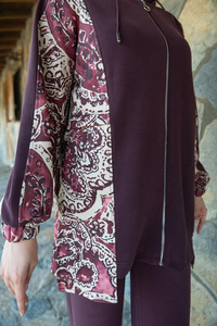 Etnik Desen Kapüşonlu İkili Takım Mürdüm