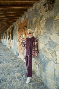 Etnik Desen Kapüşonlu İkili Takım Mürdüm