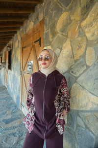 Etnik Desen Kapüşonlu İkili Takım Mürdüm