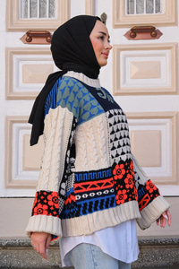 Etnik Desen Örme Kazak Mavi