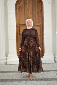 Etnik Desen Şifon Etek Kahverengi