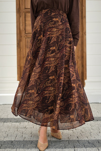 Etnik Desen Şifon Etek Kahverengi