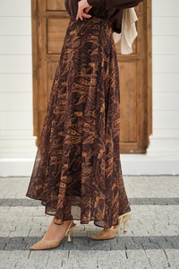 Etnik Desen Şifon Etek Kahverengi