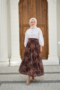 Etnik Desen Şifon Etek Mürdüm