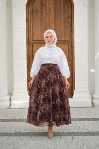 Etnik Desen Şifon Etek Mürdüm