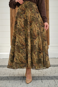 Etnik Desen Şifon Etek Yeşil