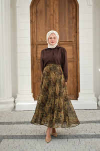 Etnik Desen Şifon Etek Yeşil