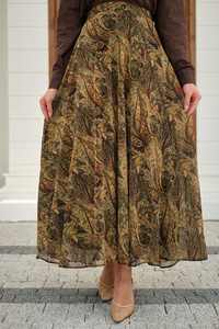 Etnik Desen Şifon Etek Yeşil