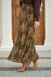 Etnik Desen Şifon Etek Yeşil