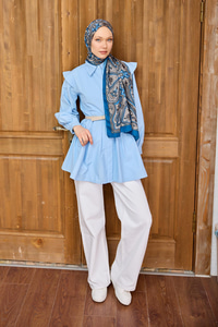 Etnik Desen Soft Şal Saks Mavi