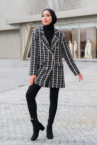 Etnik Desen Tüvit Blazer Ceket Siyah